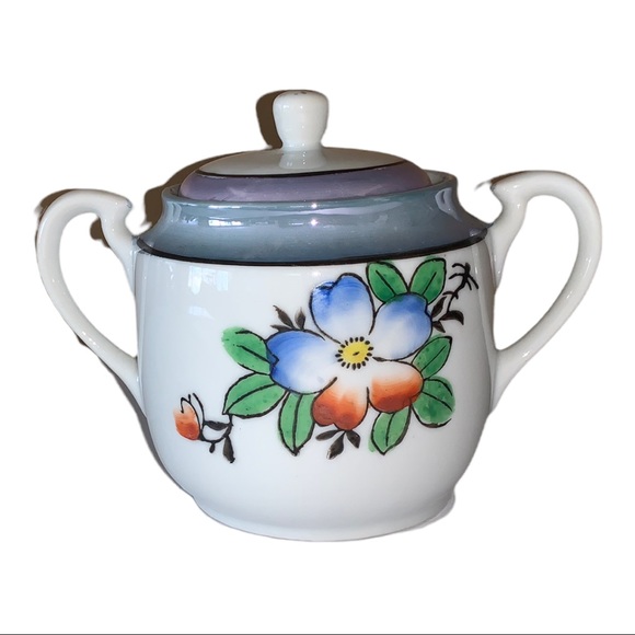 Vintage Asian Japanese Lustreware Sugar Bowl & Lid Gold Trim Floral Hand Painted - Picture 2 of 6